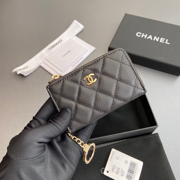 CC Hook & Chain Zipper Card Holder Black Caviar GHW 234733