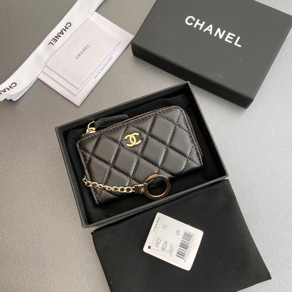 CC Hook & Chain Zipper Card Holder Black Sheepskin GHW 234737
