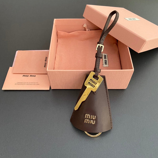 Leather Bag Charm With Key Chocolate Calfskin 240337