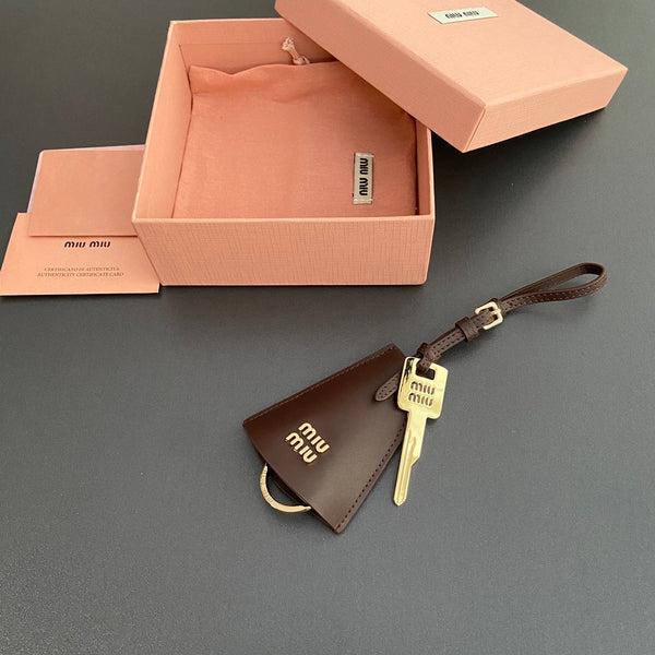 Leather Bag Charm With Key Chocolate Calfskin 240337