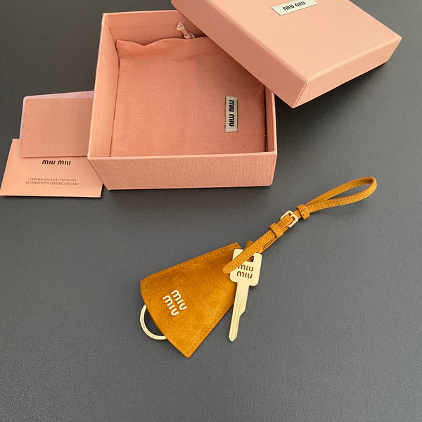 Leather Bag Charm With Key Yellow Orange Suede 240341