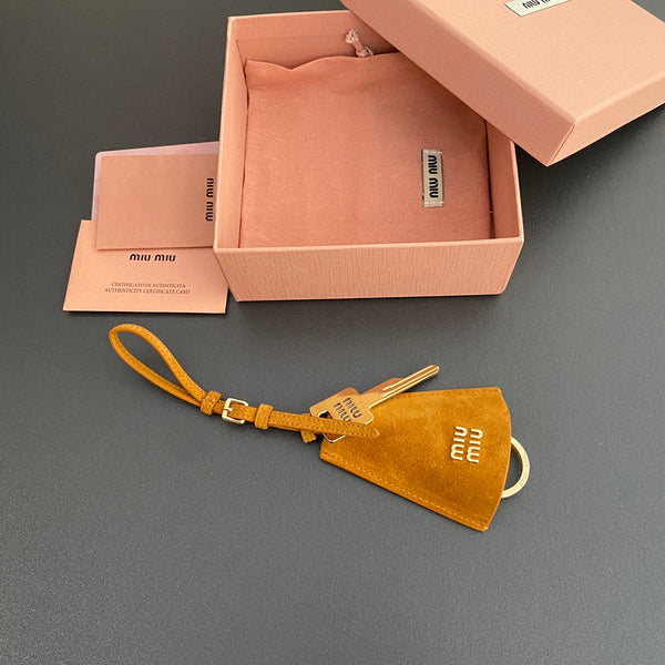 Leather Bag Charm With Key Yellow Orange Suede 240341