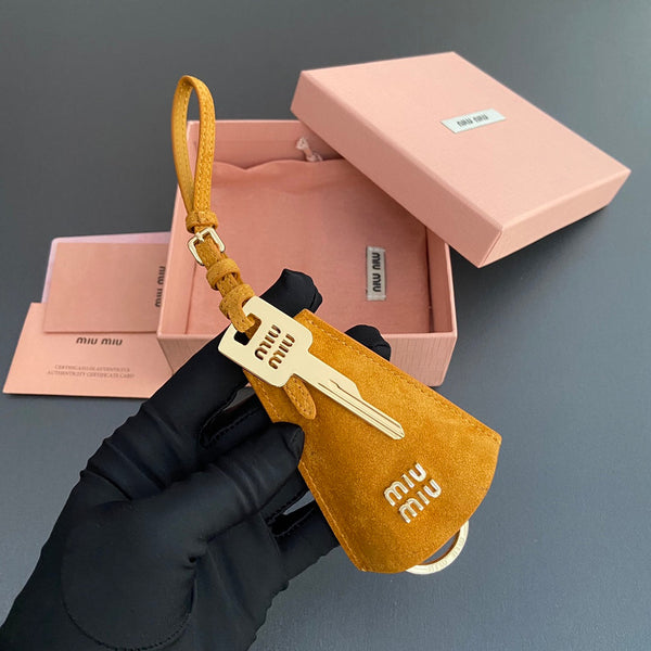 Leather Bag Charm With Key Yellow Orange Suede 240341