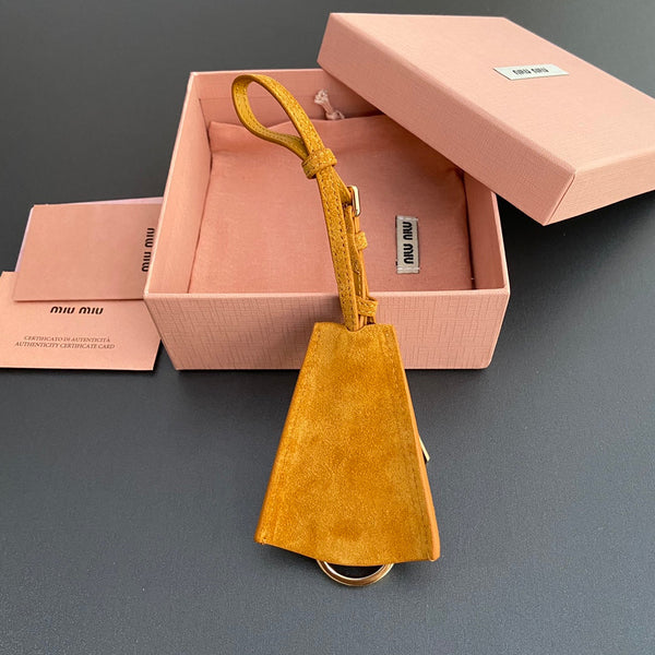 Leather Bag Charm With Key Yellow Orange Suede 240341