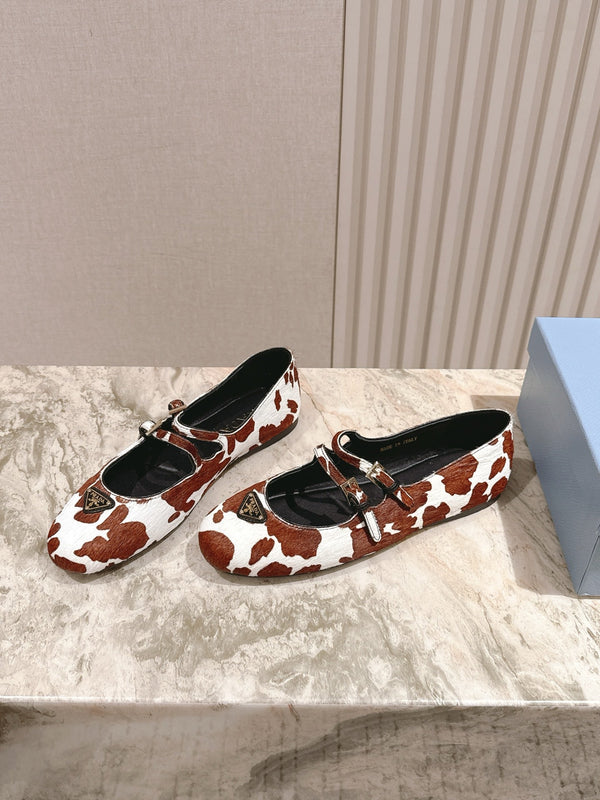 PRA 25s Ballet Flats with Small Buckle Brown White Cow Printed Calf-hair 449702