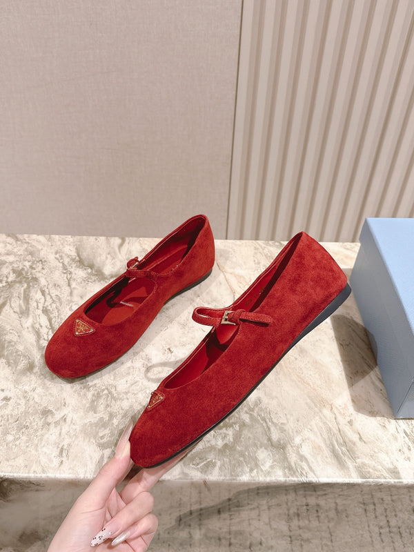 PRA 25s Ballet Flats with Small Buckle Red Suede 449709