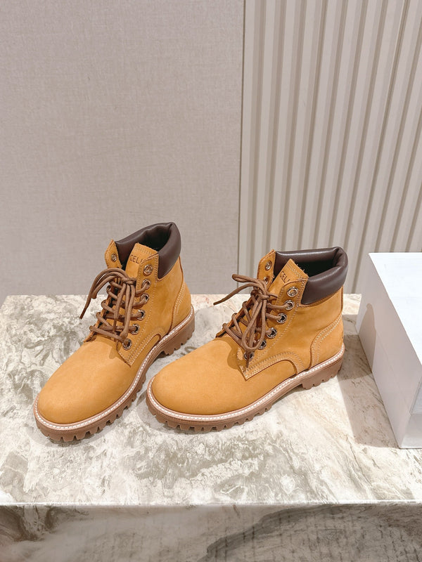 CELINE Kurt Lace-Up Martin Short Boots Light Brown Nubuck Calfskin 452782