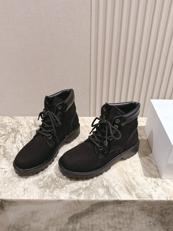 CELINE Kurt Lace-Up Martin Short Boots Black Nubuck Calfskin 452783