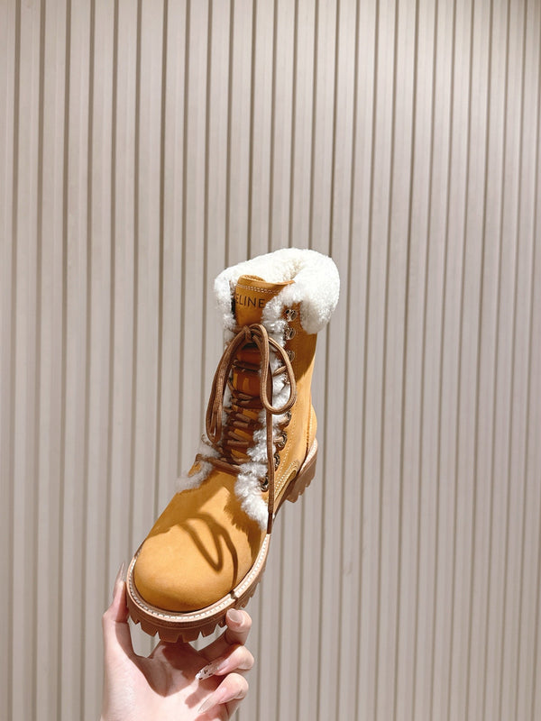 CELINE Kurt Lace-Up Mid Boot Light Brown Nubuck Calfskin And Shearling 452786