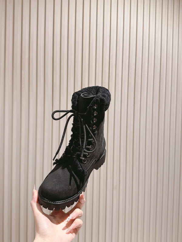 CELINE Kurt Lace-Up Mid Boot Black Nubuck Calfskin And Shearling 452787