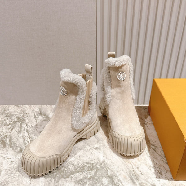 LV Ruby Flat Ankle Boot 50mm Beige Suede & Fur 450347