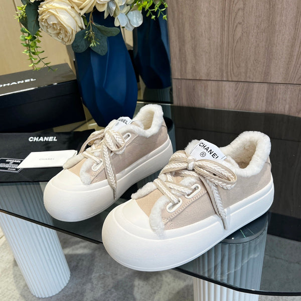 CC Sneaker Thick-Soled Beige Suede Wool Lining Fleece