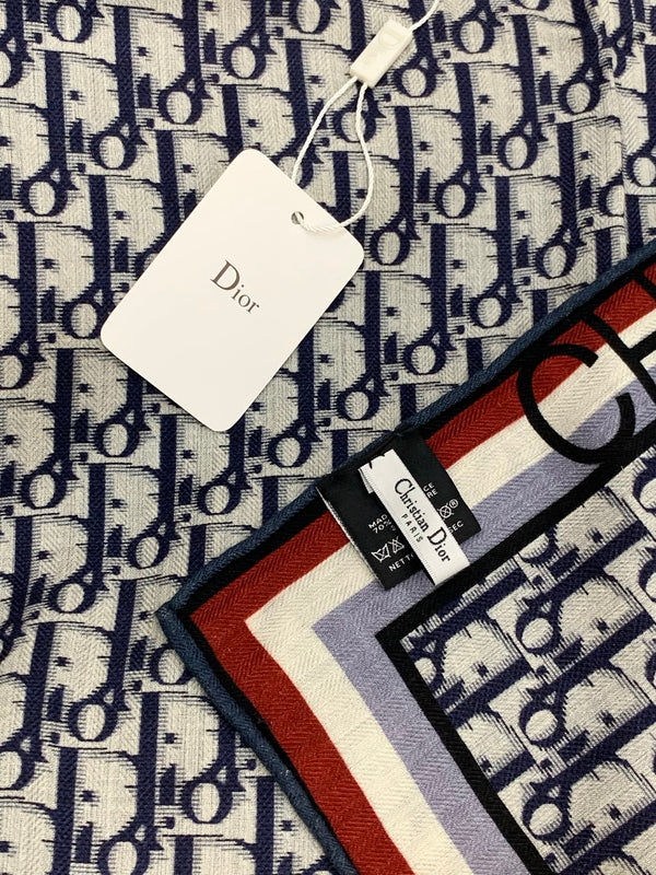 Écharpe CD Monogramme 140CM Cachemire Bleu Foncé Blanc 293187