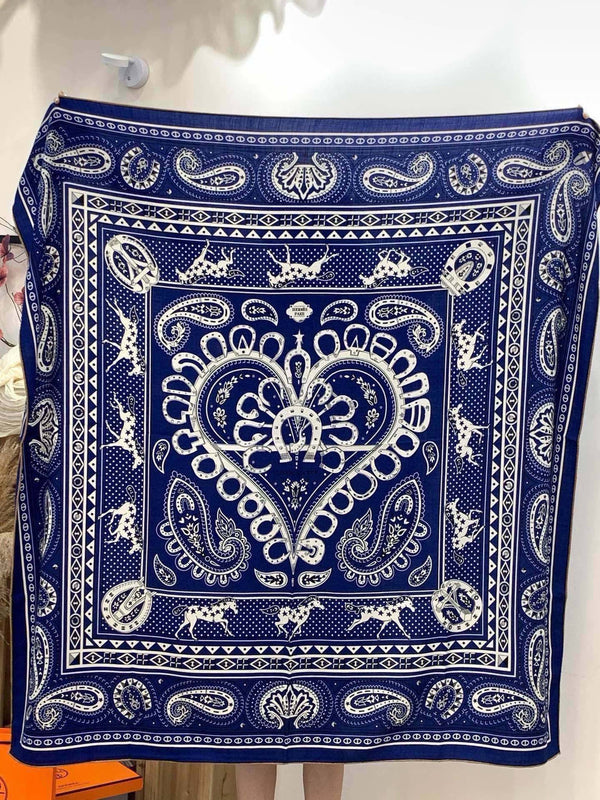 HM Cheval de Coeur Bandana Scarf 140*140cm Blue Cashmere Silk 286288