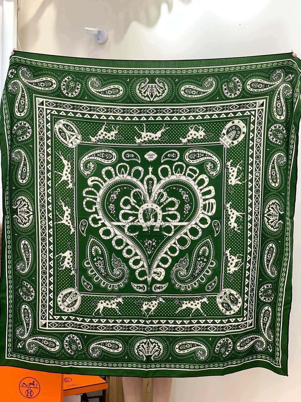 HM Cheval de Coeur Bandana Scarf 140*140cm Green Cashmere Silk 286289