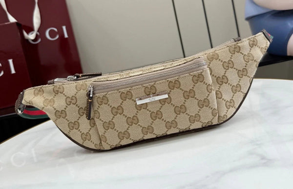 GG 2026 Flatpack Belt Bag 20cm Sand mix Brown Canvas Leather
