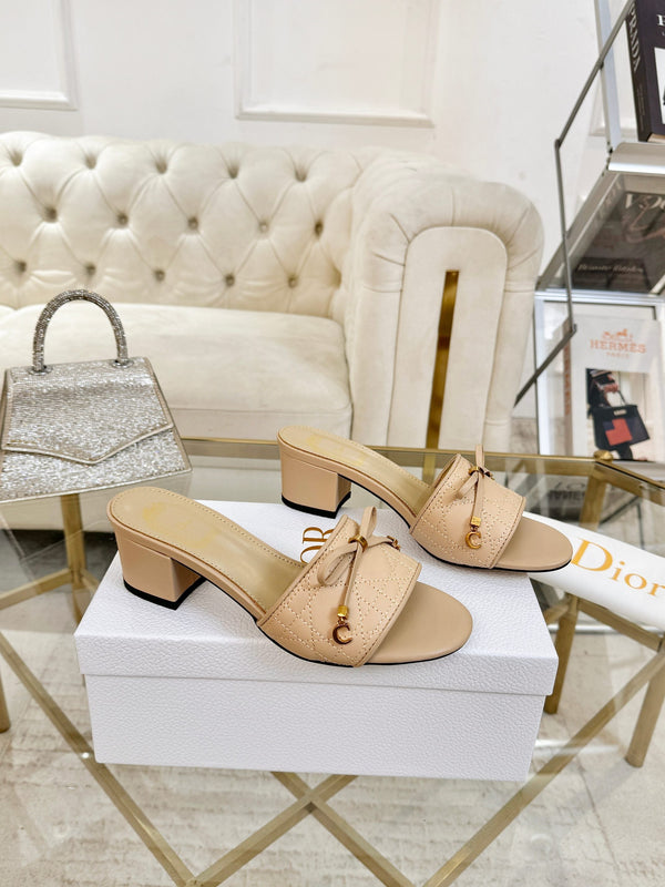 CD Cannage Heeled Slide 3.5cm Beige Quilted Lambskin 668029