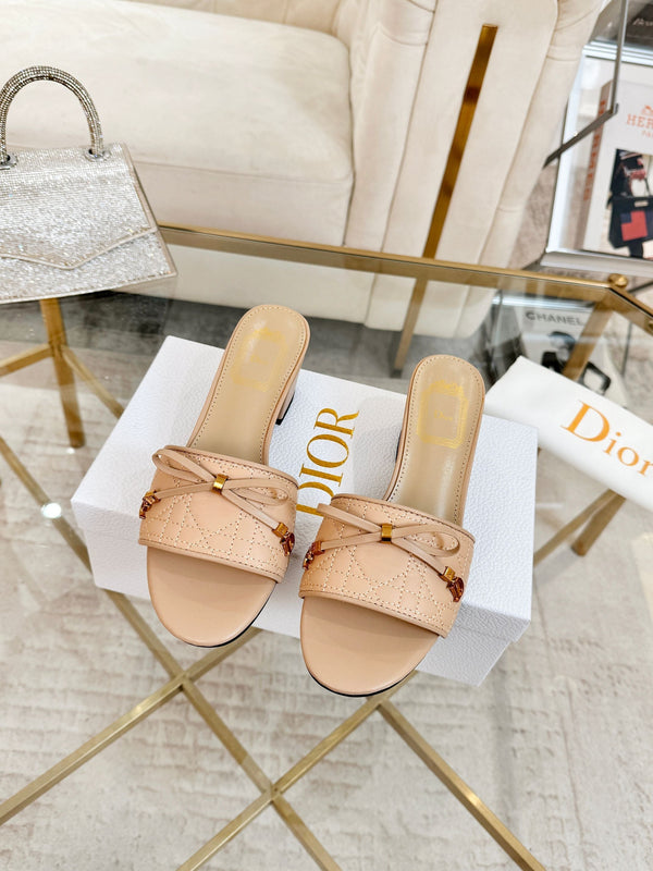 CD Cannage Heeled Slide 3.5cm Beige Quilted Lambskin 668029