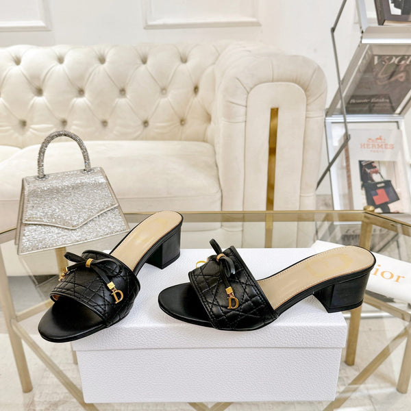 CD Cannage Heeled Slide 3.5cm Black Quilted Lambskin 668031