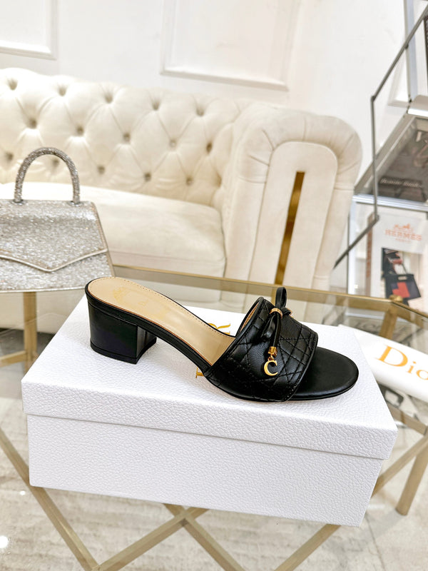 CD Cannage Heeled Slide 3.5cm Black Quilted Lambskin 668031