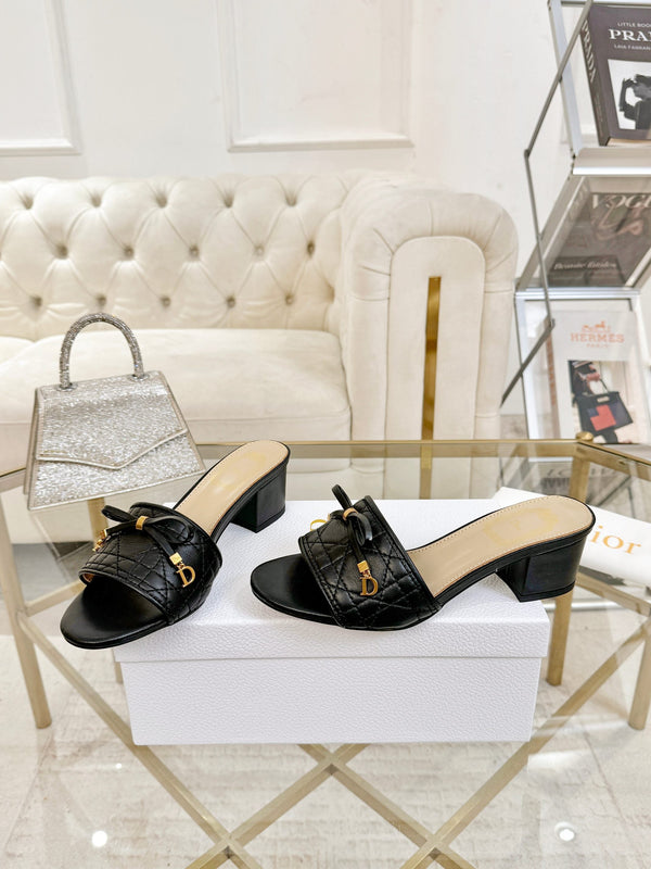 CD Cannage Heeled Slide 3.5cm Black Quilted Lambskin 668031