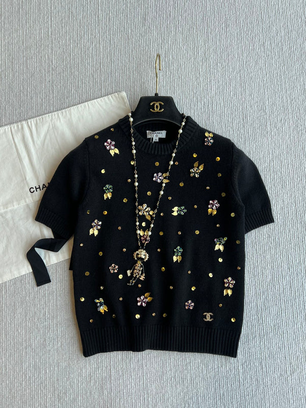 CC 25SS Maglia a maniche corte con fiori in lana nera 229493