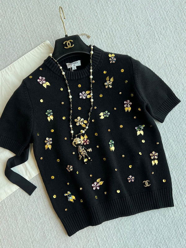 CC 25SS Maglia a maniche corte con fiori in lana nera 229493