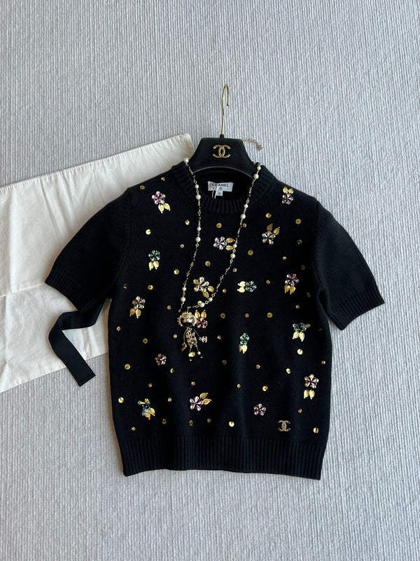 CC 25SS Maglia a maniche corte con fiori in lana nera 229493