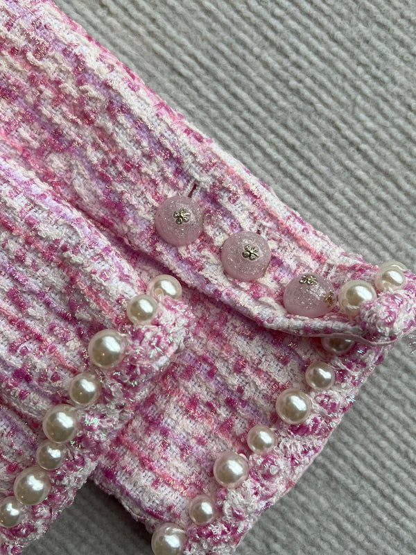 Chanel 25P Cardigan Pink Tweed With Pearl 235893