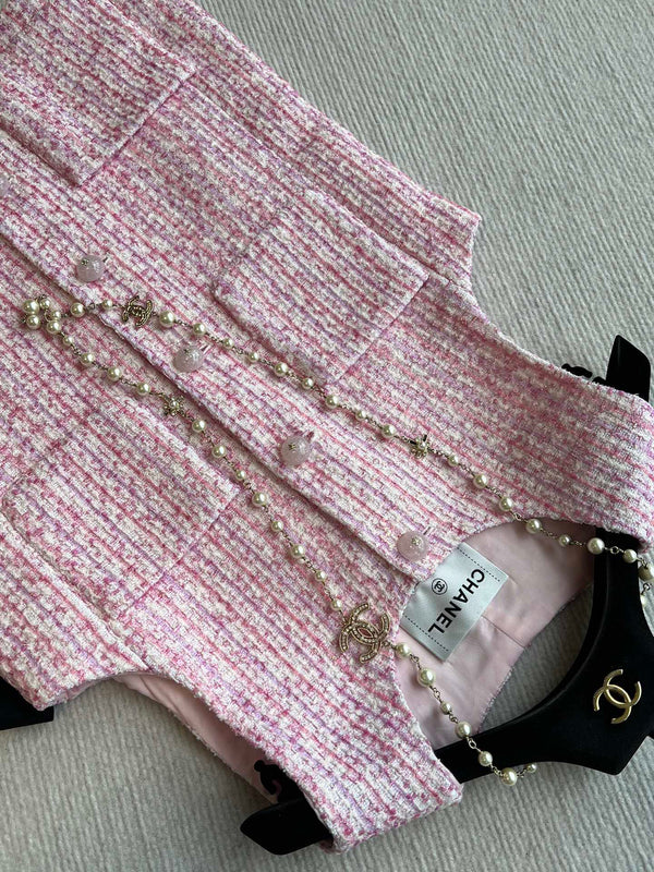 Chanel 25P Gilet Pink Cotton and Wool Tweed 235902