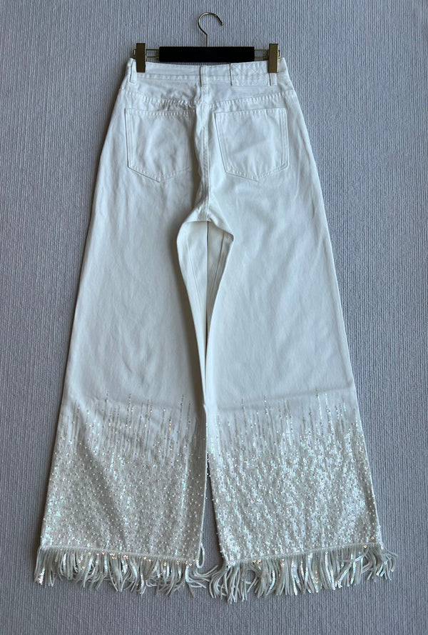 Pantaloni a gamba larga con perline e nappe in denim bianco CC 25SS 277238