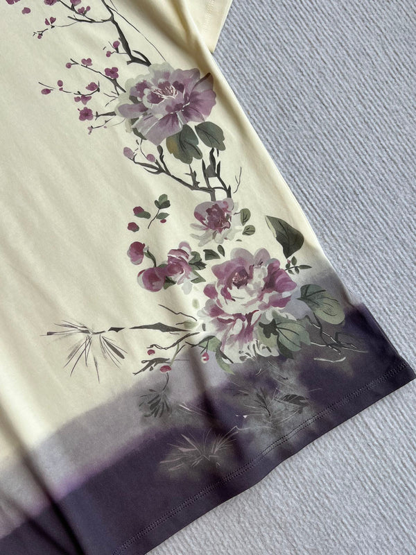 CD 25 Top a maniche corte in cotone con motivo floreale Plum Blossom
