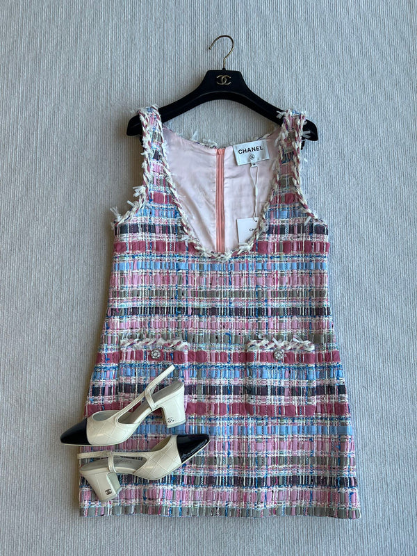 CC 25SS V-neck Vest Dress with Hand-Woven Tassel Ribbons Colorful 277225