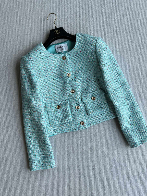 CC 25 Coat Blue-Green Round-Neck Wool Acrylic
