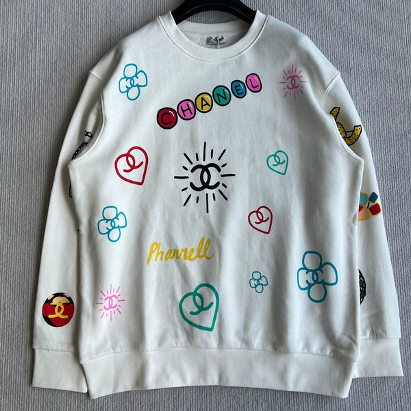 Chanel 25 Sweat-shirt ras-du-cou Graffiti en coton blanc 312092