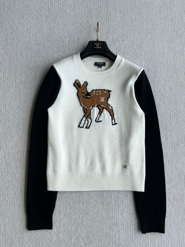 Chanel Pull Imprimé Cerf Blanc mélange Laine Noire 318394