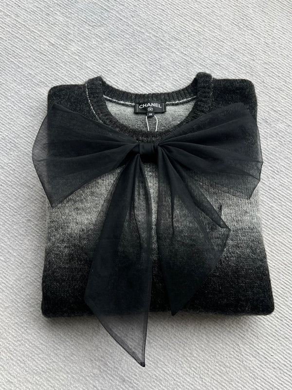 Chanel 25 Pull Ras du Cou Nœud Noir Gris Cachemire 316413