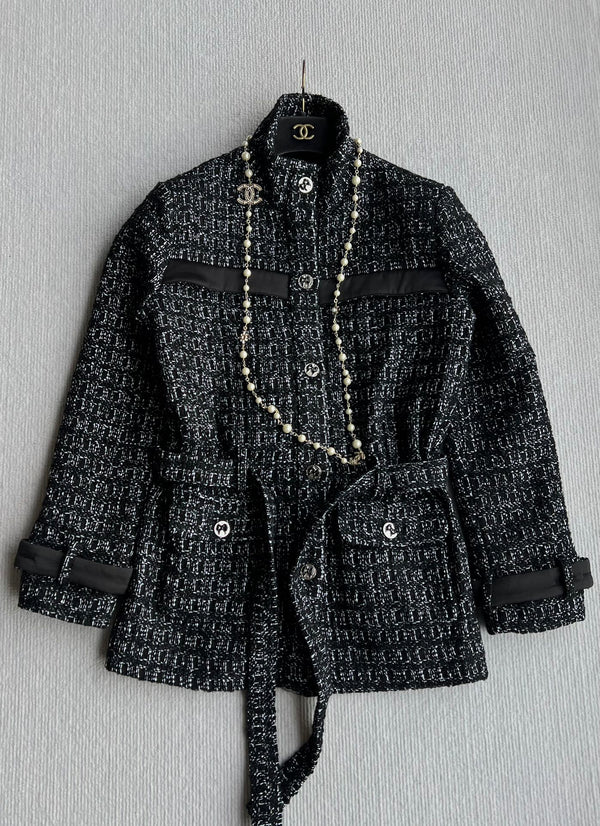 CC Belted Jacket Black White Cashmere Tweed 318587