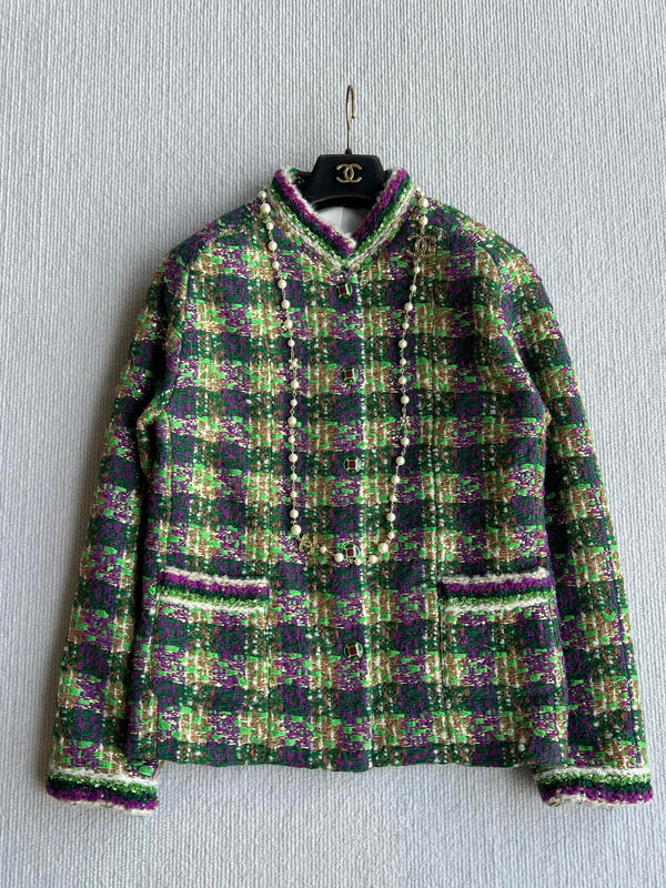 Chanel 2025 Veste en Tweed à Carreaux Laine Polyester Vert 325361