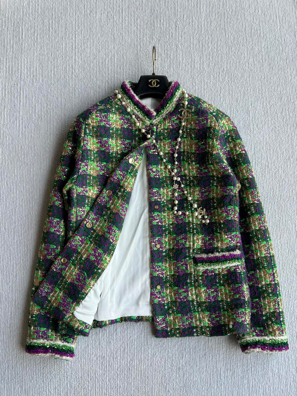 Chanel 2025 Veste en Tweed à Carreaux Laine Polyester Vert 325361