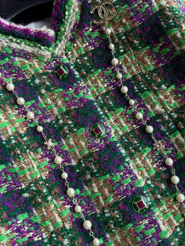 Chanel 2025 Veste en Tweed à Carreaux Laine Polyester Vert 325361