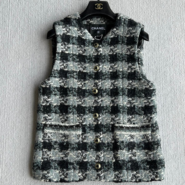 Chanel 2025 Veste Gilet Tweed Écossais Laine Polyester Noir 325379