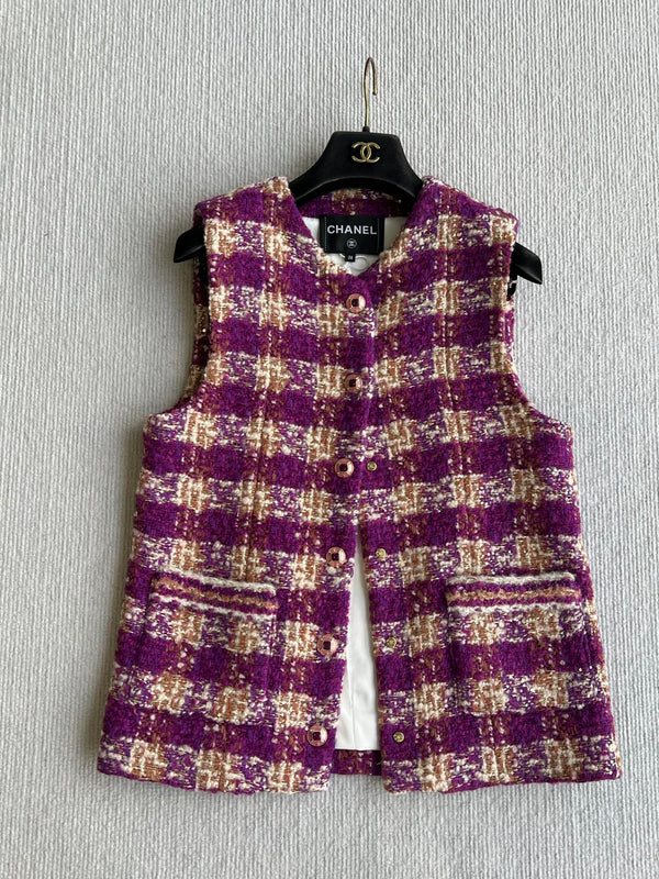 Chanel 2025 Veste Gilet en Tweed à Carreaux Violet Laine Polyester 325378