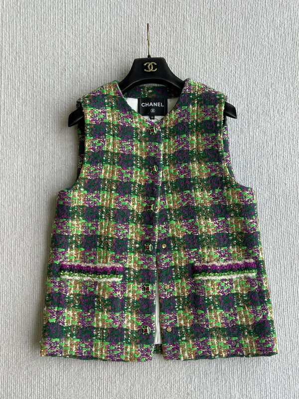 Chanel 2025 Gilet Veste en Tweed Écossais Laine Polyester Vert 325377