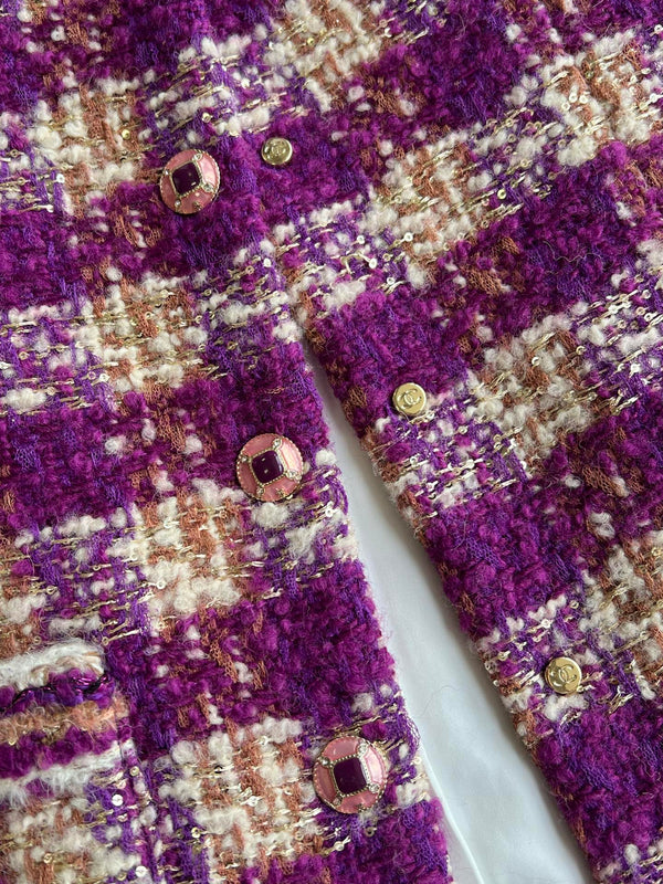 Chanel 2025 Veste Gilet en Tweed à Carreaux Violet Laine Polyester 325378