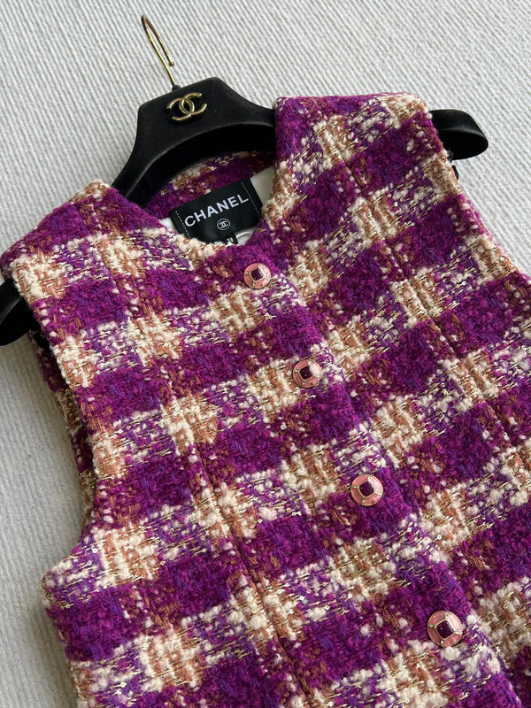 Chanel 2025 Veste Gilet en Tweed à Carreaux Violet Laine Polyester 325378