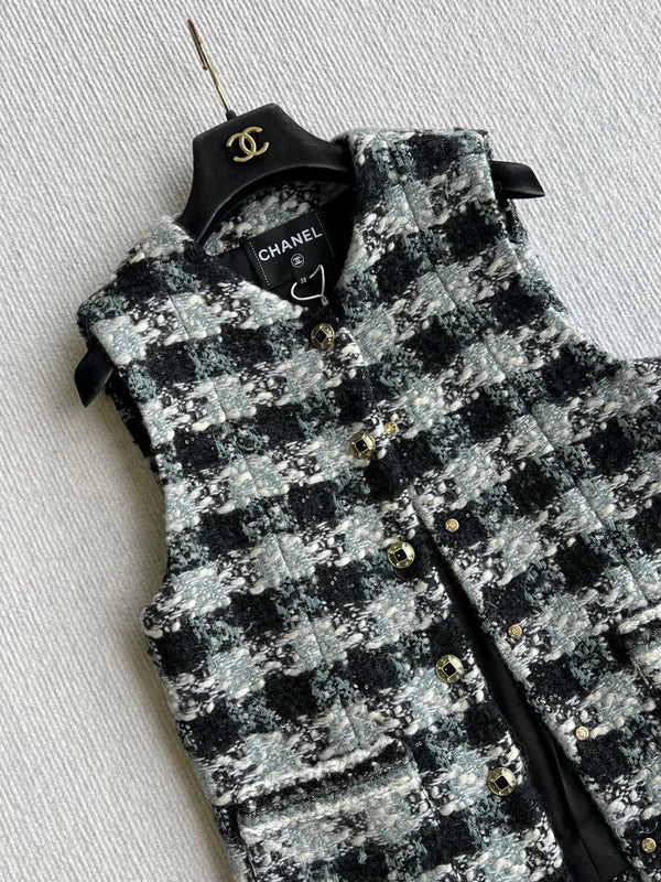 Chanel 2025 Veste Gilet Tweed Écossais Laine Polyester Noir 325379