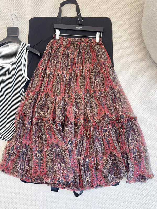 YSL 2025 Printed Skirt Red Silk