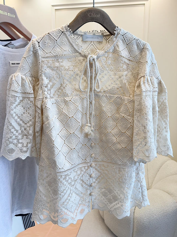 Zimmermann 25 WYLIE BLUSA ALL'UNCINETTO in pizzo bianco tè