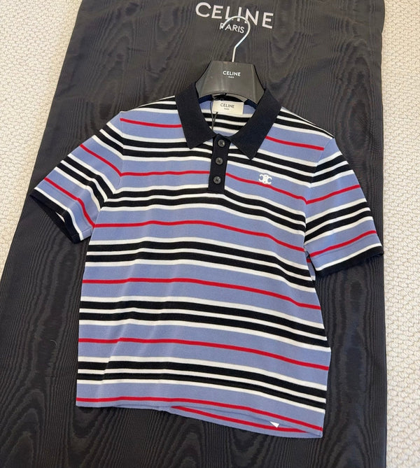 Polo a righe Celine 2025 blu nero bianco cotone